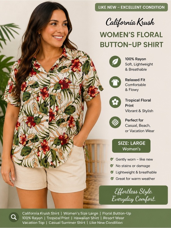 California Krush Tops - California Krush Women’s Tropical Shirt Size L 100% Rayon
